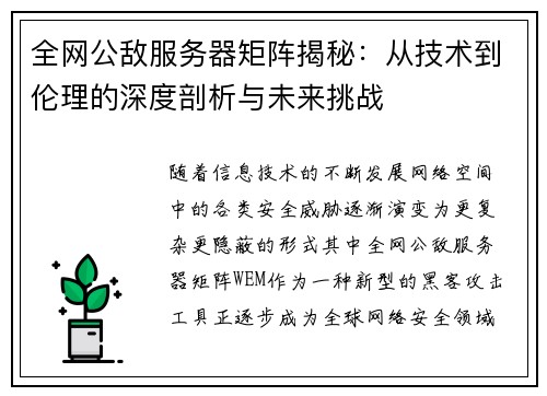 全网公敌服务器矩阵揭秘：从技术到伦理的深度剖析与未来挑战